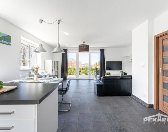 Pohled z kuchyně do obývací části a k terase v RD Hodyně.